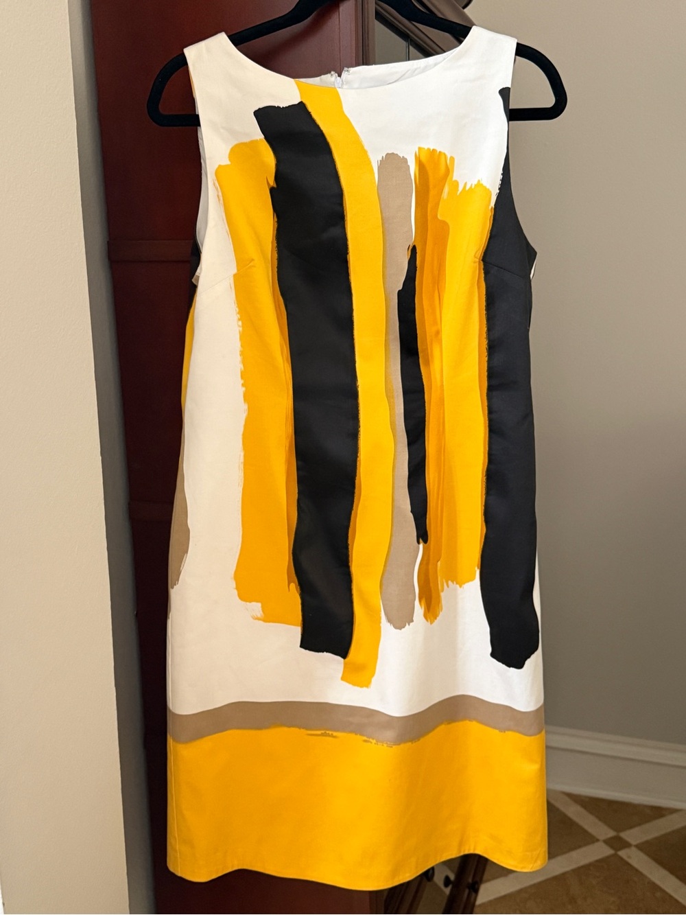 Chetta B White Shift Dress with Yellow, Black & Tan Brushstrokes 100% Cotton